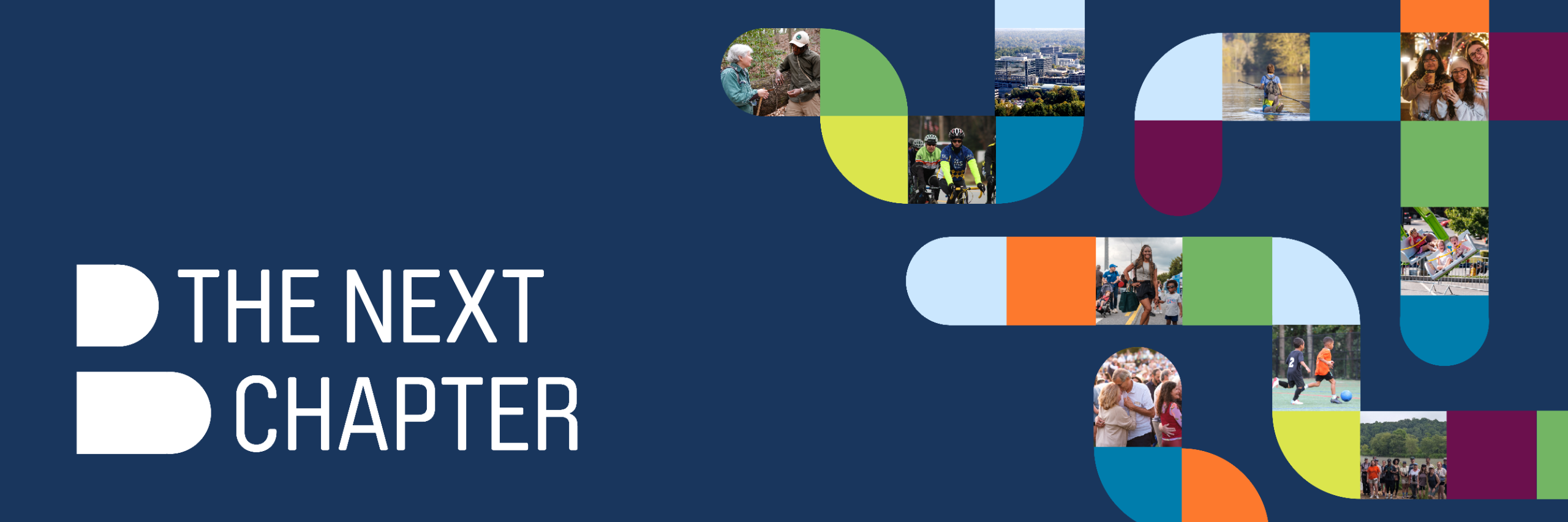 The Next Chapter written on a dark blue background to the left, and with images of the city on the right interspersed with green, blue, orange, and dark purple squares.